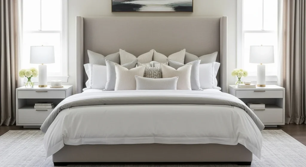 Guest bedroom with an upholstered statement headboard, neutral bedding, and modern styling