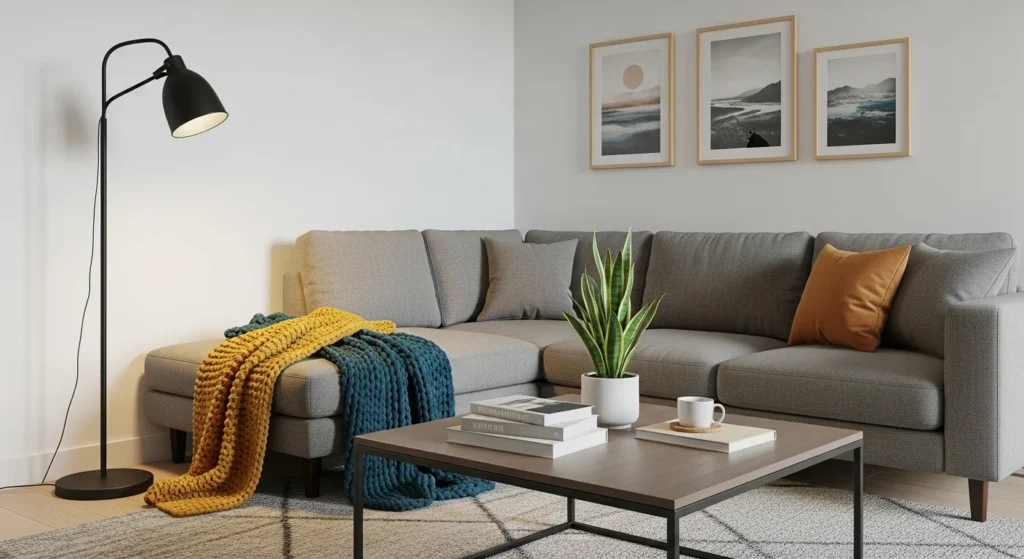 Tripod floor lamp positioned in corner of stylish living room
