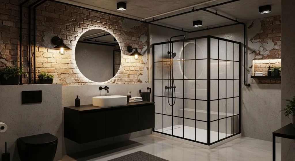 Basement bathroom with exposed brick, concrete walls, and black metal fixtures