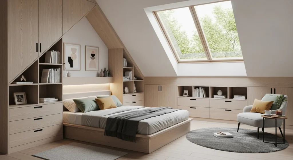Attic bedroom with built-in storage cabinets and drawers