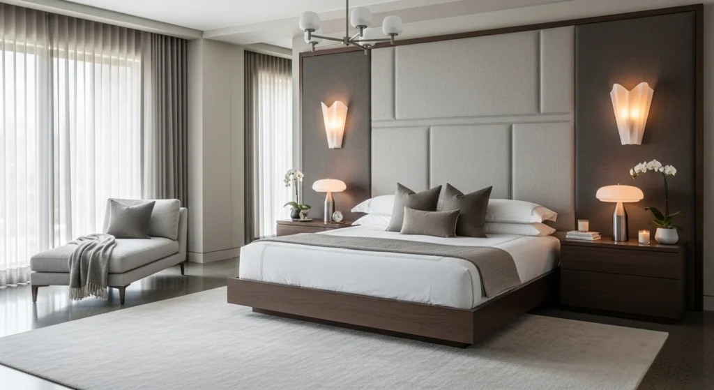 Bedroom with statement headboard, elegant lighting, and high-quality bedding