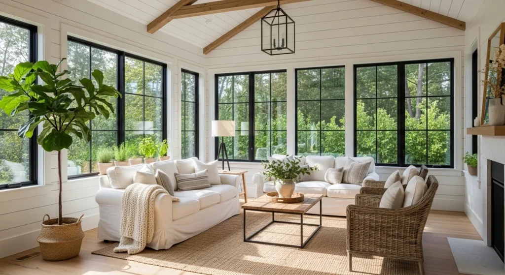 Farmhouse-style sunroom with wood accents and white interiors