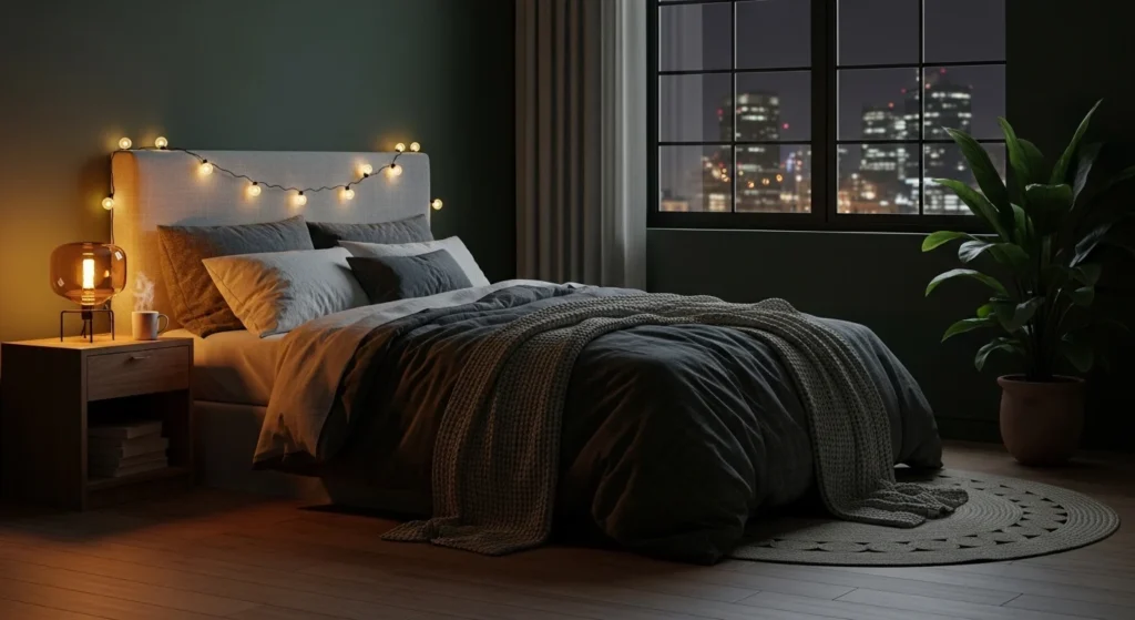 Moody bedroom with deep green walls and warm lighting