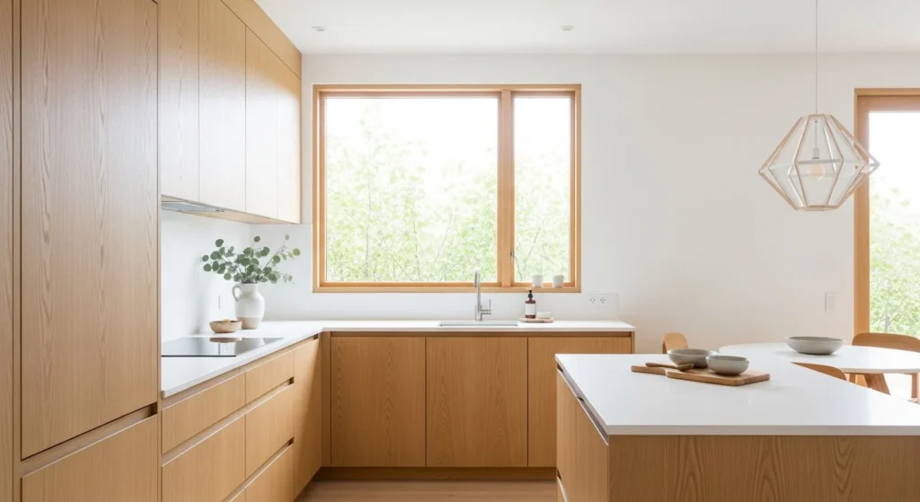 Scandinavian-style kitchen with light oak cabinets and white interiors