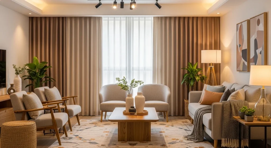 Living room decorated with earth-tone curtains for warm ambiance