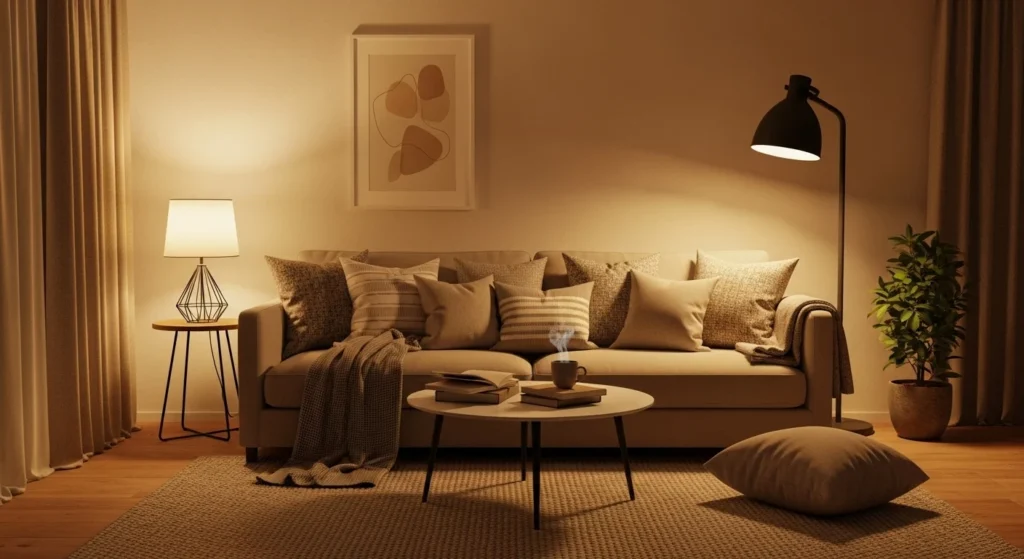 Cozy compact living room with warm lighting, layered textiles, and a neutral color palette