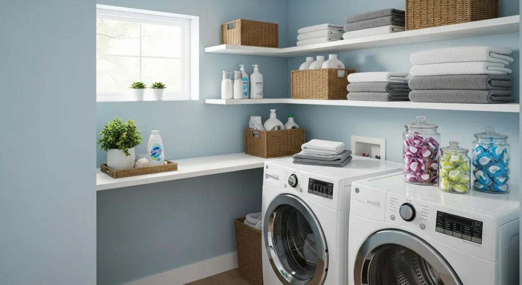 Laundry room with corner shelves maximizing small space storage