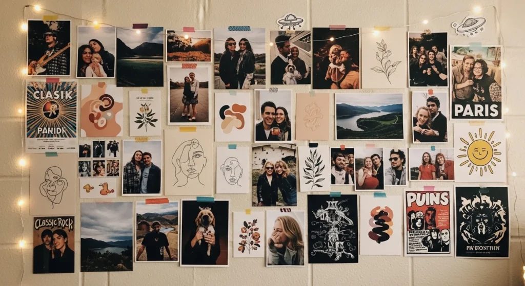 Dorm room wall collage with photos posters and art prints