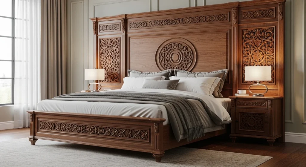 Wooden bed with intricately carved headboard as bedroom focal point