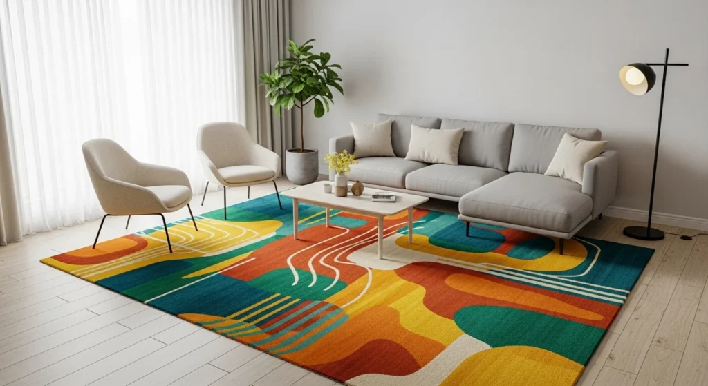 Vibrant colored rug as focal point in modern living room