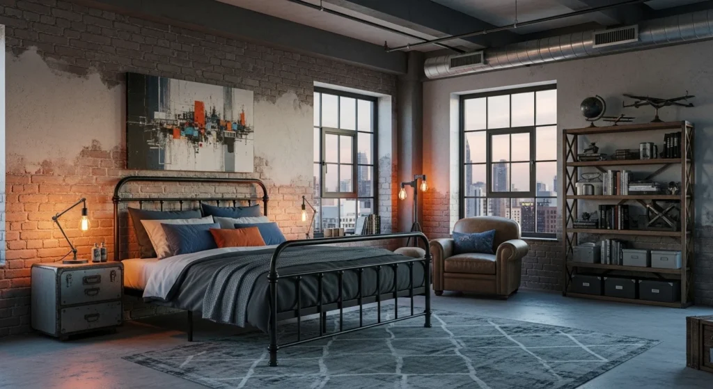 Boys bedroom with exposed brick wall, metal bed frame, and industrial-style lighting