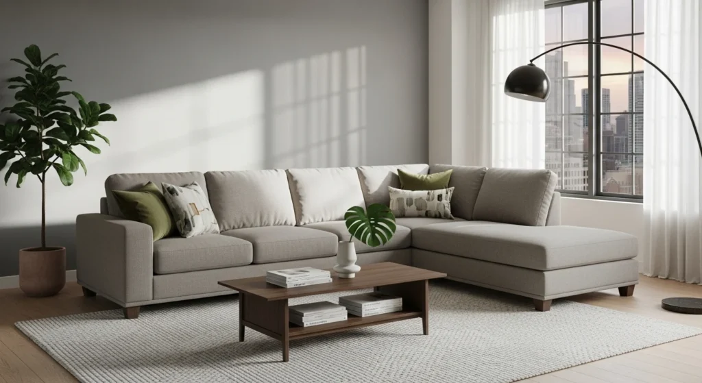 Spacious living room with sectional sofa and chaise lounge