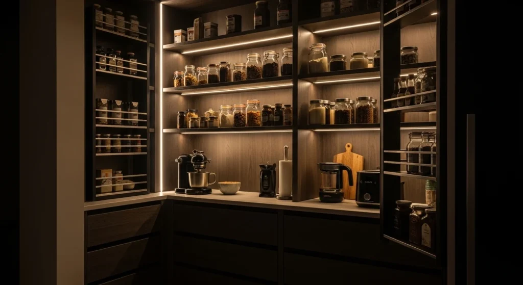 itchen pantry with LED lighting illuminating shelves