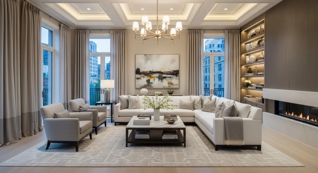 Luxury living room with floor-to-ceiling curtains and soft fabrics