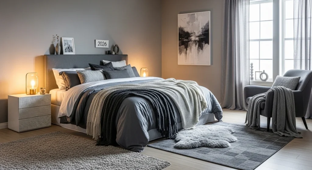 Gray bedroom with layered textiles and cozy modern decor