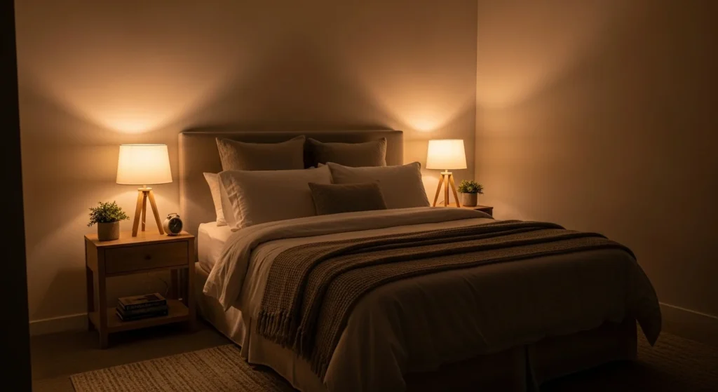 Cozy bedroom with warm bedside lamps and layered lighting creating a peaceful evening mood