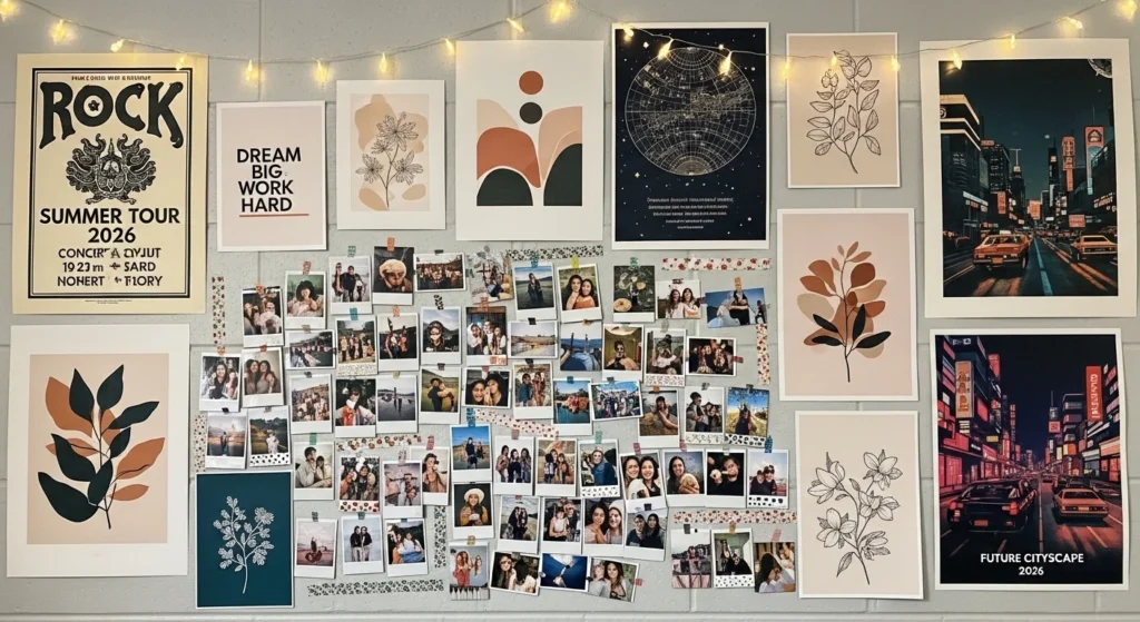 Dorm room wall decorated with photo grids, posters, and art prints