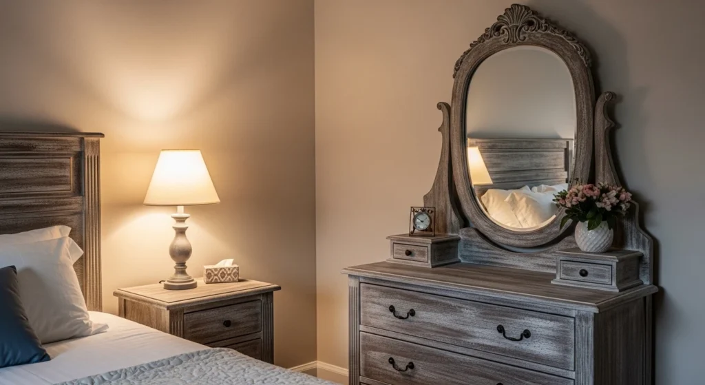 Bedroom with distressed vintage dresser and ornate vanity mirror