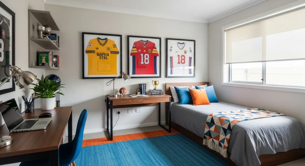 Teen bedroom with framed sports jerseys and organized decor