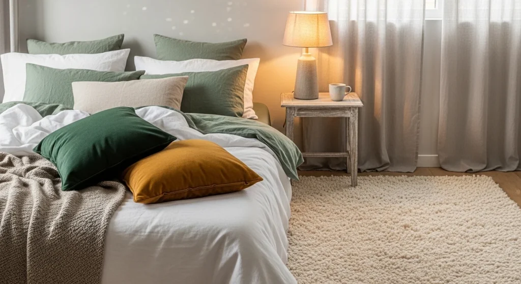 Cozy bedroom with layered linen bedding, velvet cushions, and textured rug