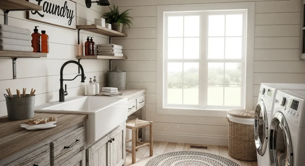 Farmhouse laundry room with shiplap walls, wooden shelves and deep sink