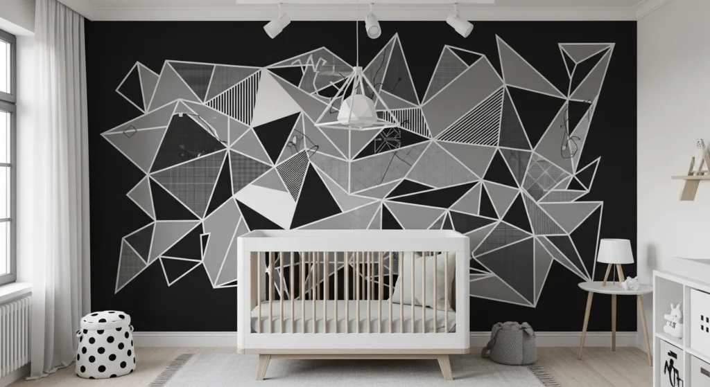 Stylish monochrome nursery with black and white decor and geometric wall art
