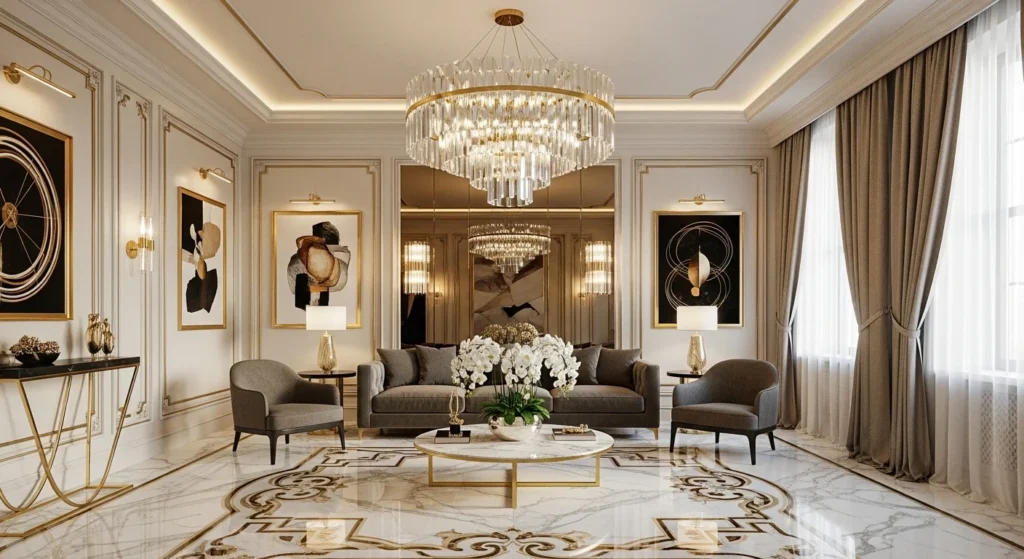 Elegant parlor with marble flooring, gold accents, contemporary sofa, and chandelier