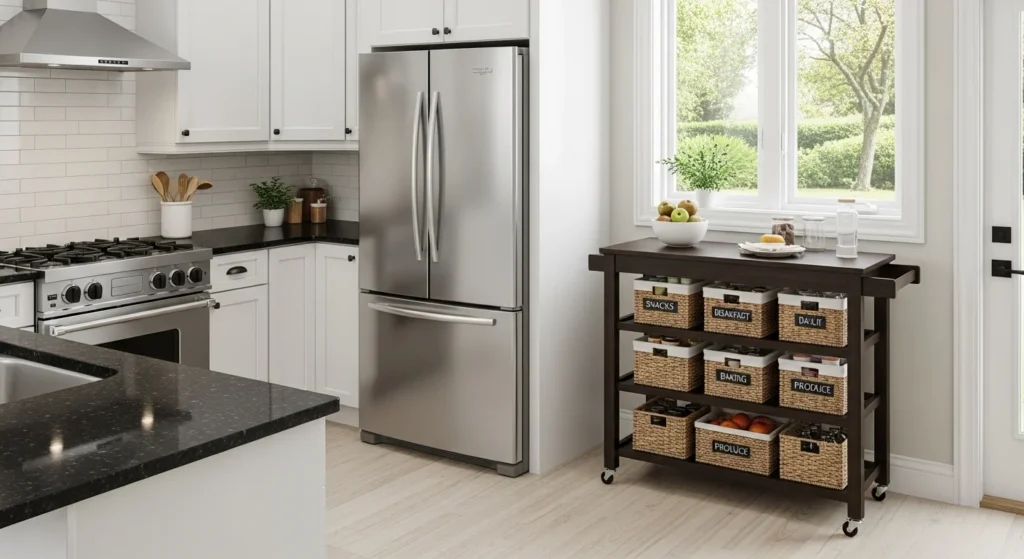 Kitchen pantry with wooden rolling cart, labeled baskets, and flexible storage