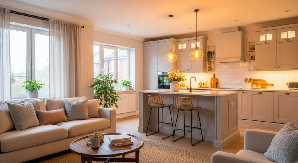 Cozy open kitchen living room with warm lighting, soft sofa, and calm neutral kitchen design
