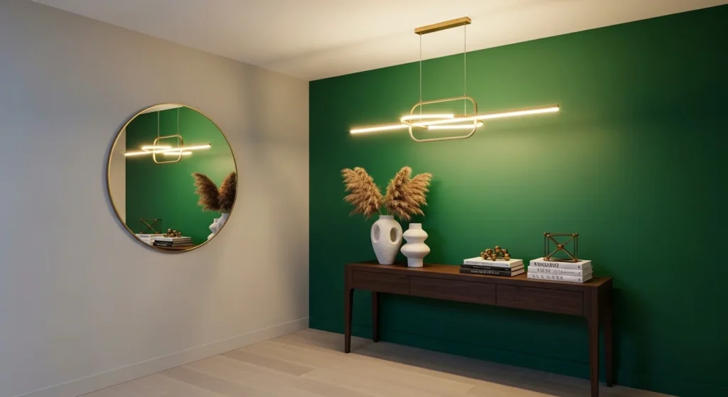 Modern entryway featuring dark green accent wall and decorative lighting