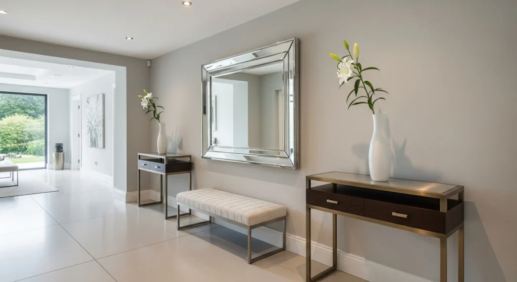 Bright hallway featuring large wall mirror creating spacious interior look