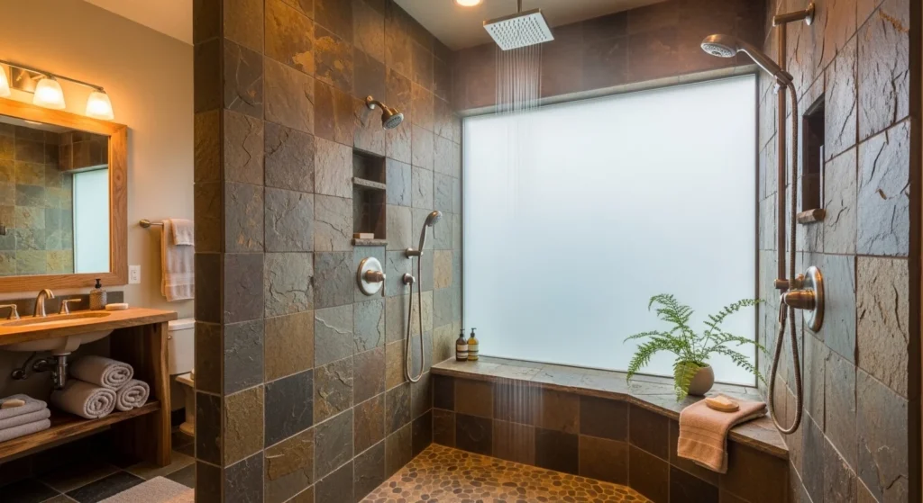 Shower interior with natural stone walls, wooden accents, and spa-inspired ambiance