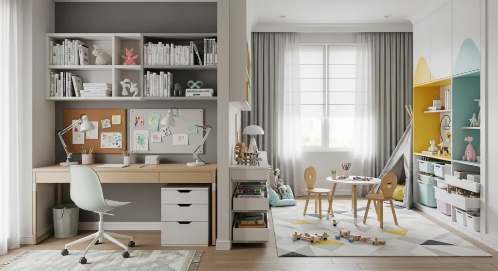 organized kids bedroom with study desk and play area layout
