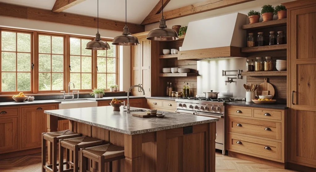 Cozy open kitchen featuring natural wood cabinets and warm modern textures