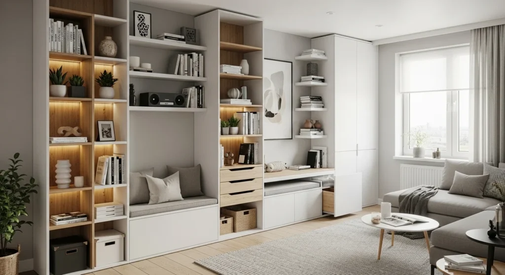 Organized apartment interior with built in storage and vertical shelving solutions