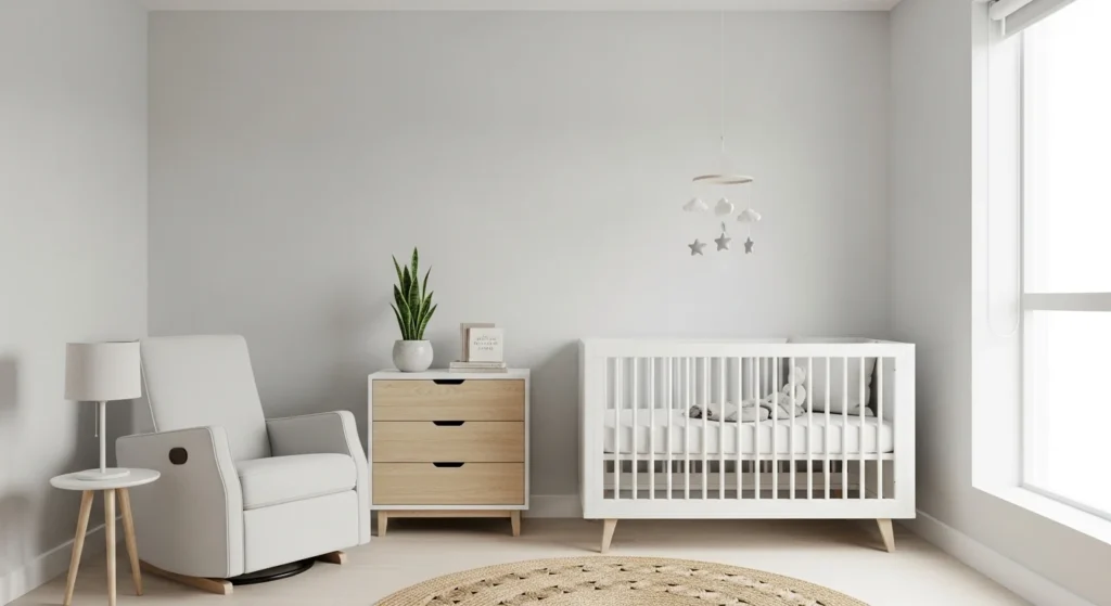 Minimalist nursery with clean layout, neutral colors, modern functional crib, airy 2026 interior