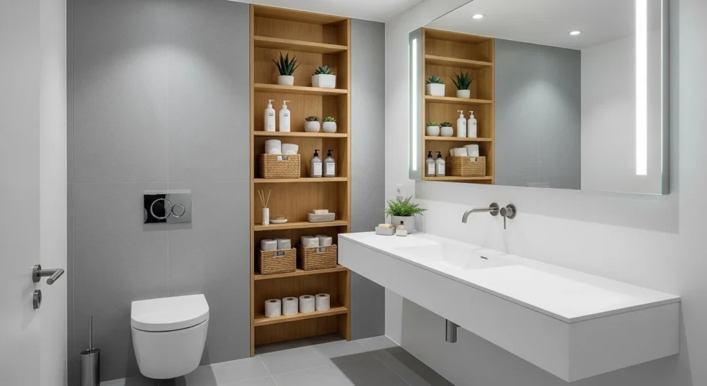Small bathroom with tall vertical storage shelves, organized toiletries, modern 2026 interior