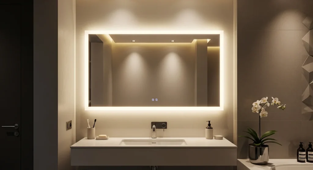 : Bathroom sink with LED backlit mirror and soft ambient lighting in modern 2026 bathroom