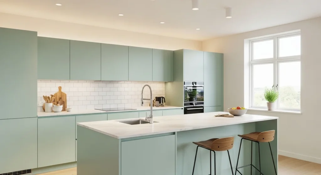 Mint green kitchen with bright lighting and white backsplash creating fresh airy space
