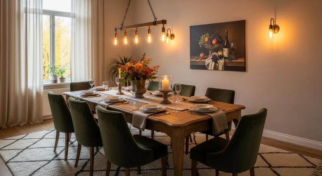 Cozy dining room with upholstered chairs, area rug, and warm ambient lighting