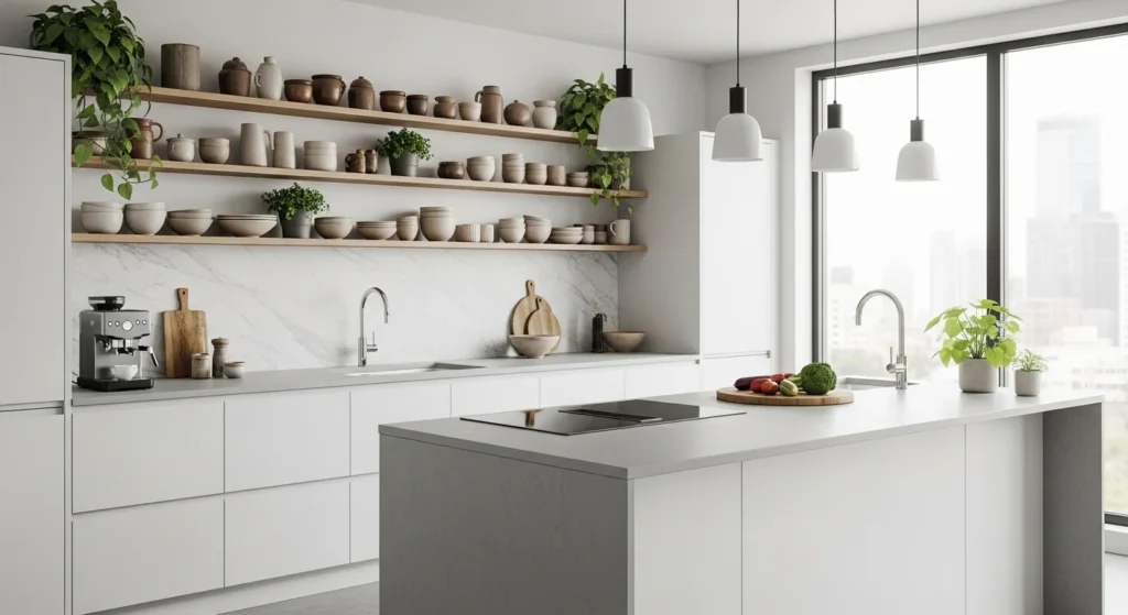 Modern kitchen featuring open shelves styled with ceramics and plants for airy 2026 look