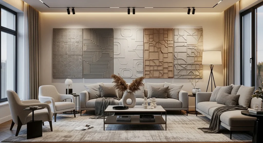 Elegant black and white photography frames styled on a sophisticated living room wall