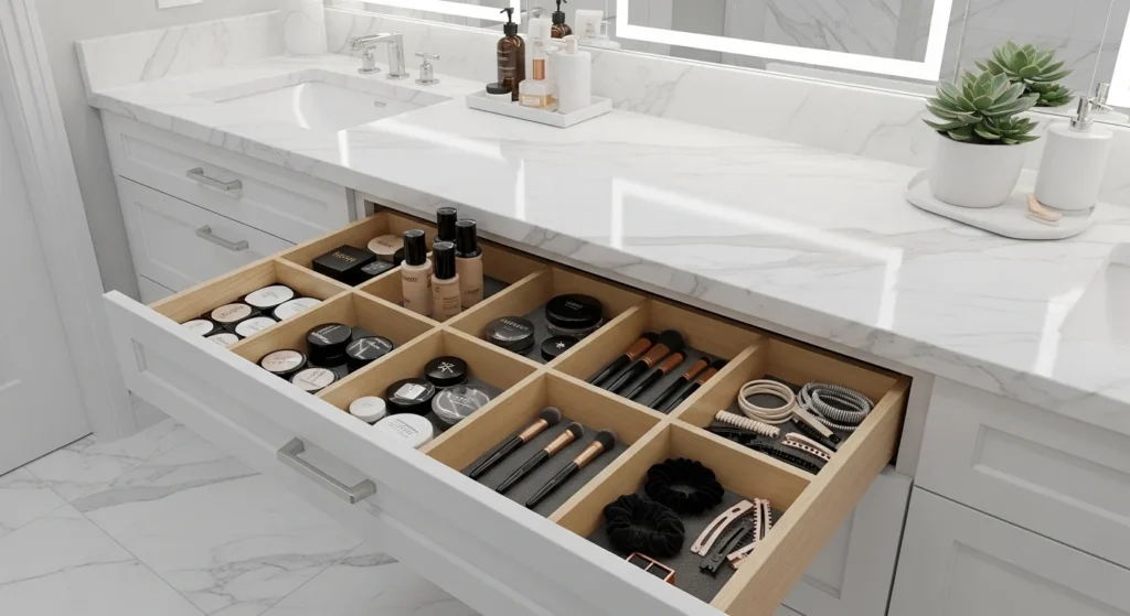 neatly divided bathroom drawer organizing makeup and toiletries