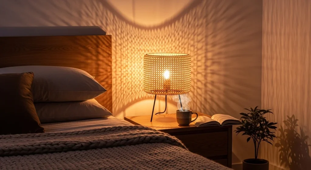 Wooden base bedside lamp complementing neutral and nature-inspired bedroom decor