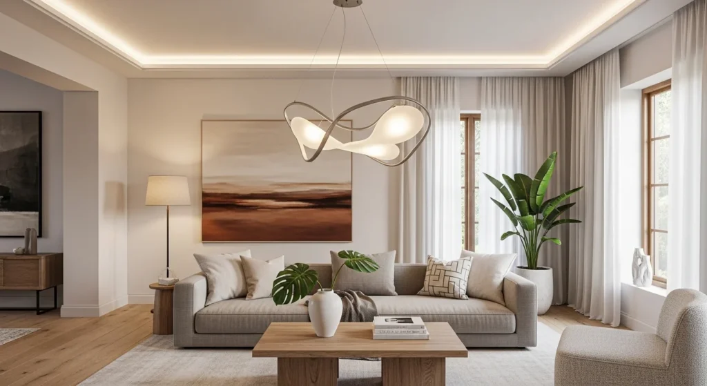 Modern living room with sculptural pendant light and neutral sofa, creating a stylish focal point for 2026 interiors