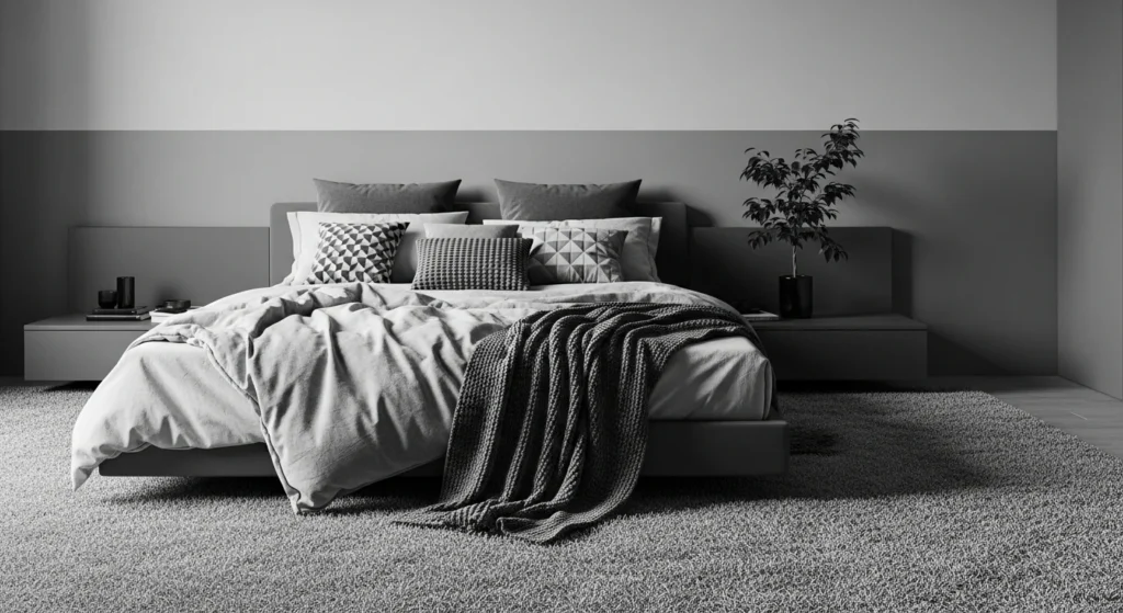 Monochrome grey bedroom with layered textures and calm minimalist décor for 2026