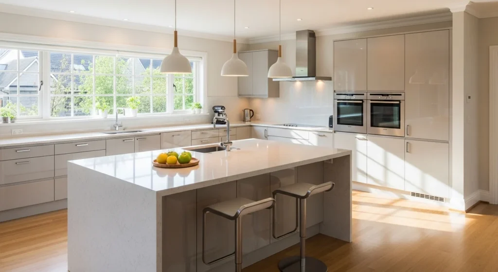 Large modern kitchen island with seating and waterfall quartz countertop