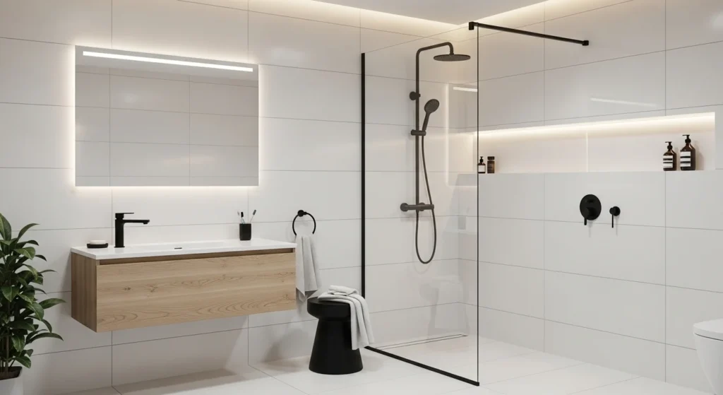 contemporary bathroom with matte black faucets and modern contrasting finishes