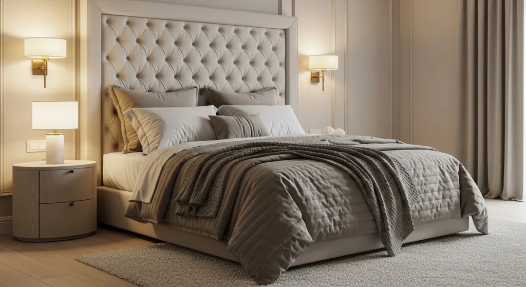Elegant neutral bedroom combining cream and taupe shades for a soft luxury look.