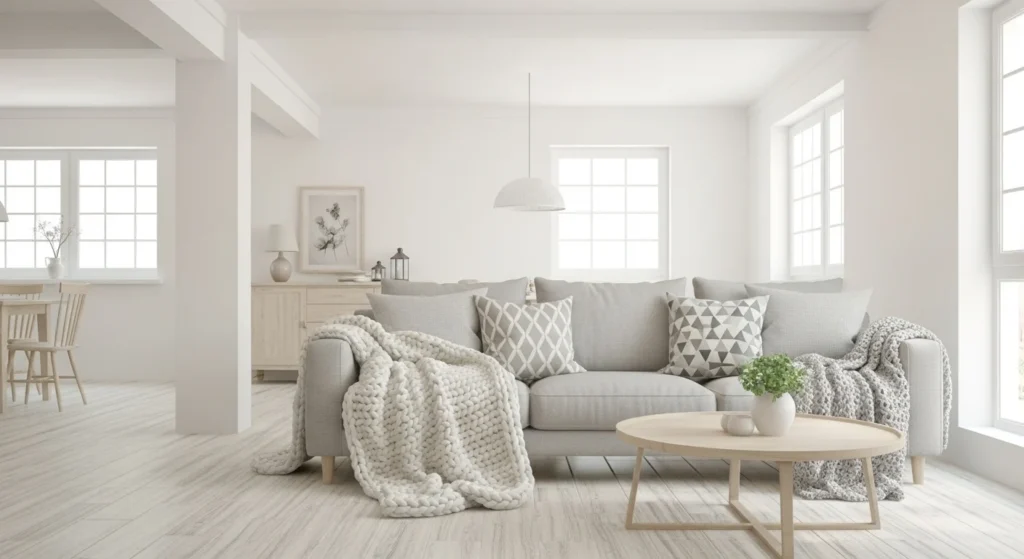 Bright Scandinavian white living room with natural wood accents and cozy minimal decor